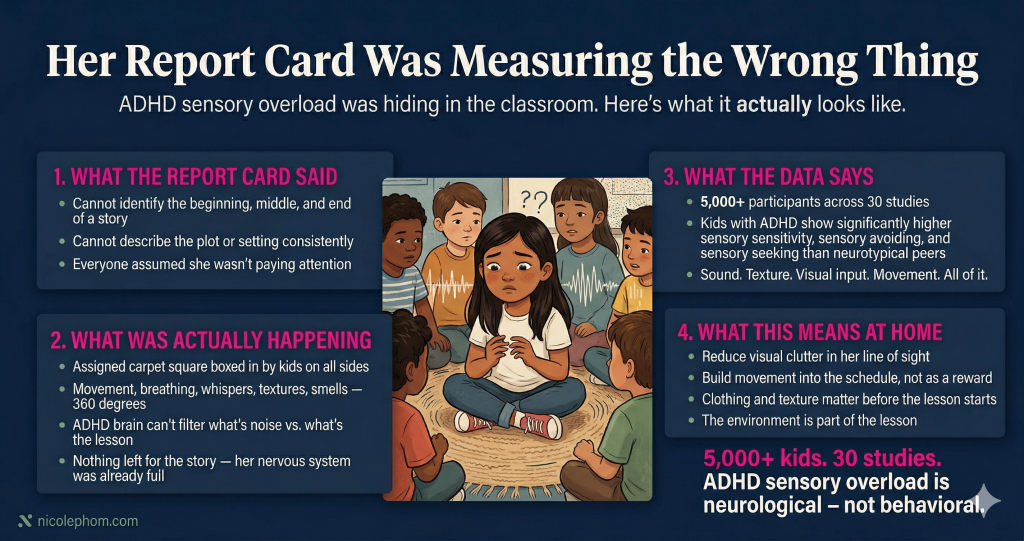 Infographic explaining what ADHD sensory overload looks like in the classroom and why it affects a child's ability to focus and learn
