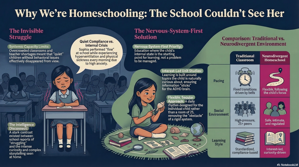 Infographic titled Why We're Homeschooling: The School Couldn't See Her. Shows a Southeast Asian girl in two scenes — anxious and overwhelmed in a crowded traditional classroom on the left, calm and engaged learning at home on the right. Includes three sections covering the invisible struggle, quiet compliance versus internal crisis, and the nervous system first solution, plus a comparison table of traditional classroom versus neurodivergent homeschool environments across pacing, social environment, and learning style.